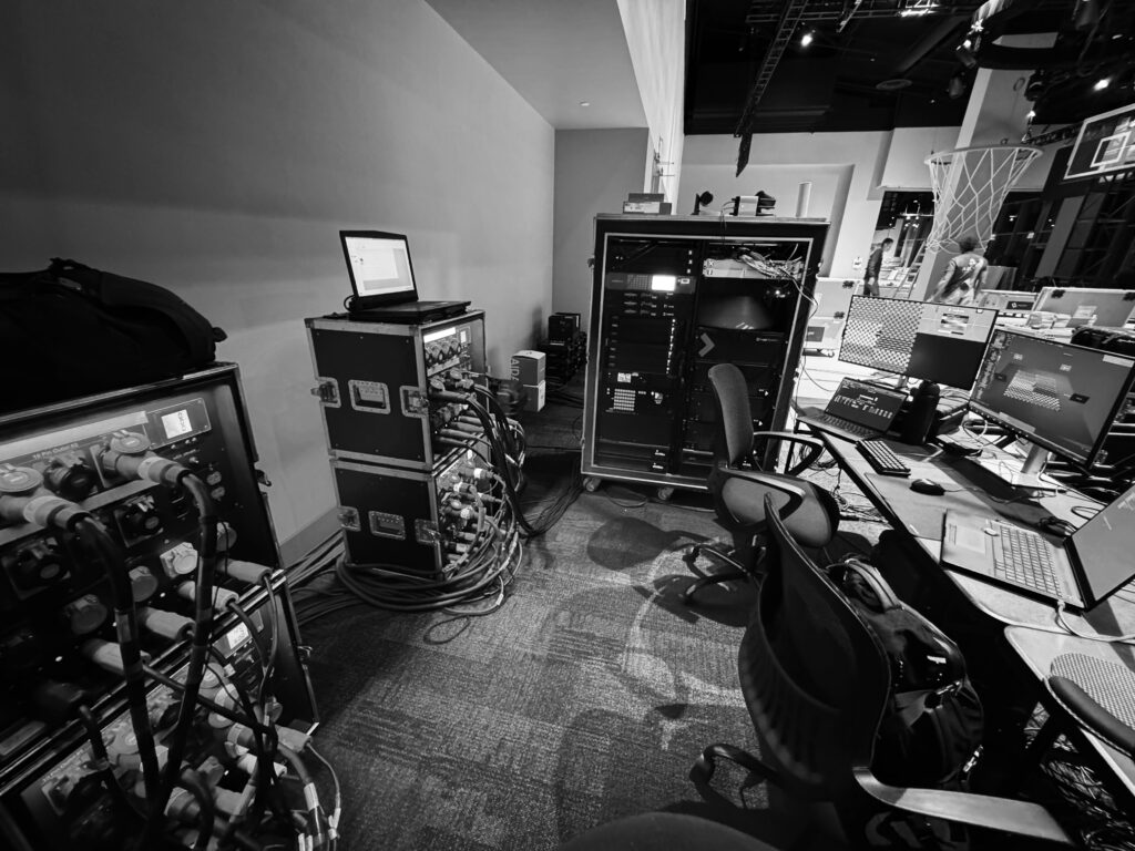A black-and-white view of computers and control equipment used for the Chase court.
