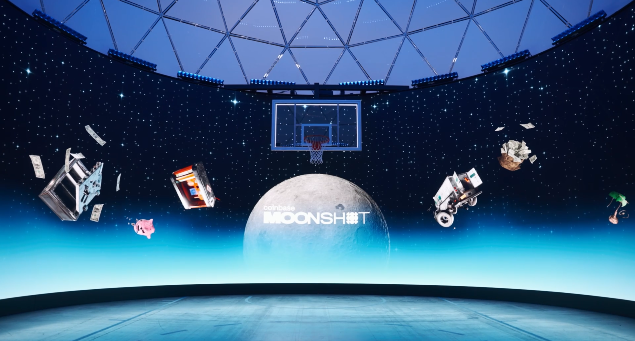 A basketball hoop against a curved space-themed display at Coinbase Moonshot.