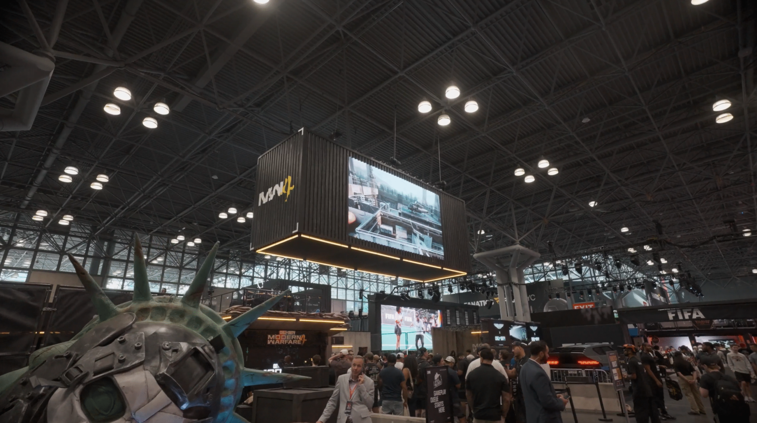 A suspended Modern Warfare 4 display above the Call of Duty exhibit at Fanatics Fest.