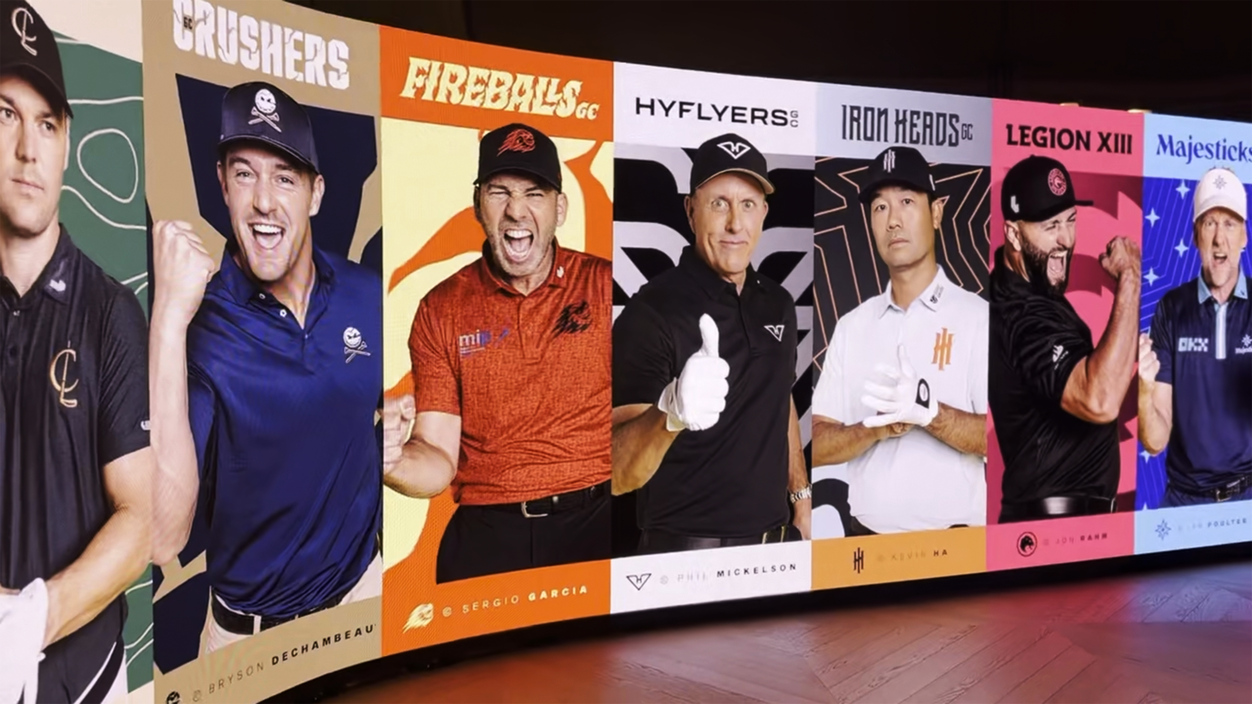 A wide display shows portraits of LIV Golf players and their teams.